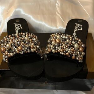Glamorous Black and Silver Sandals with Pearl Embellishments